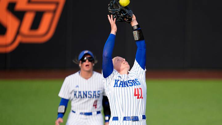 Kansas Jayhawks infielder Hailey Cripe (41) catches the ball for an out in the second inning of a college softball game between the Oklahoma State Cowgirls and the Kansas Jayhawks in Stillwater, Friday, May 1, 2026.