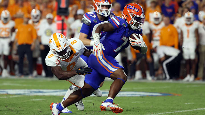 Sep 16, 2023; Gainesville, Florida, USA; Florida Gators running back Trevor Etienne (7) runs with