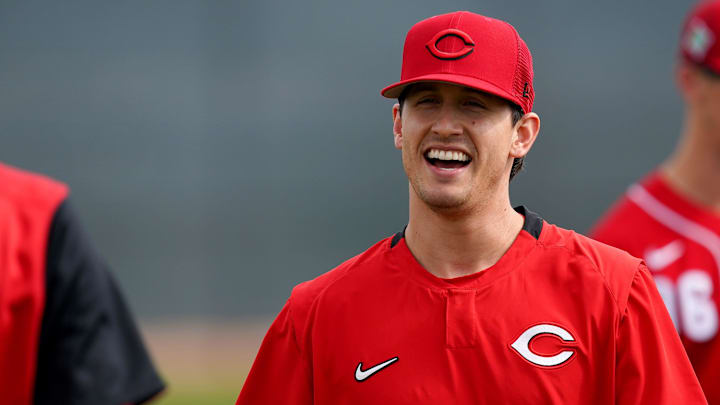 Cincinnati Reds pitcher Lucas Sims (39) shares a laugh with teammates during workouts. Cincinnati Reds pitcher Lucas Sims (39) shares a laugh with teammates during workouts.