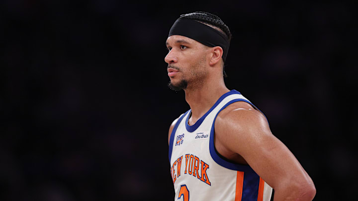 Mar 22, 2026; New York, New York, USA; New York Knicks guard Josh Hart (3) looks on during the first half against the Washington Wizards at Madison Square Garden. Mandatory Credit: Vincent Carchietta-Imagn Images