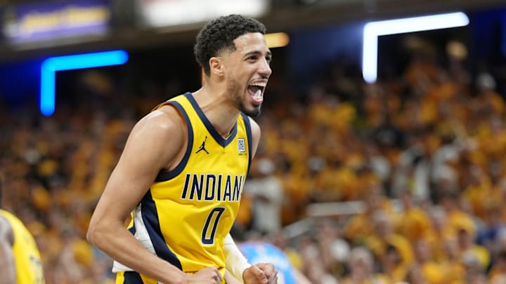 Jun 13, 2025; Indianapolis, Indiana, USA; Indiana Pacers guard Tyrese Haliburton (0) reacts after a play against the Oklahoma City Thunder during the second half during game four of the 2025 NBA Finals at Gainbridge Fieldhouse. Mandatory Credit: Kyle Terada-Imagn Images
