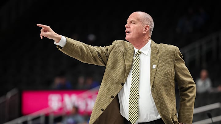 Mar 11, 2025; Kansas City, MO, USA; Colorado Buffaloes coach Tad Boyle reacts to game play during the first half against the TCU Horned Frogs at T-Mobile Center. Mandatory Credit: William Purnell-Imagn Images