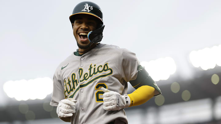 Aug 5, 2025; Washington, District of Columbia, USA; Athletics third base Darell Hernaiz (2) celebrates after hitting a two run home run against the Washington Nationals during the first inning at Nationals Park. Mandatory Credit: Geoff Burke-Imagn Images