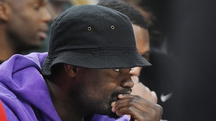 Mar 21, 2025; Minneapolis, Minnesota, USA; New Orleans Pelicans forward Zion Williamson (1) watches his team from the bench as they play the Minnesota Timberwolves in the fourth quarter at Target Center. Mandatory Credit: Bruce Kluckhohn-Imagn Images