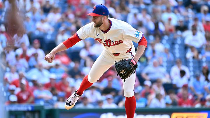 Philadelphia, Pennsylvania, USA; Philadelphia Phillies pitcher Caleb Kilian (56) throws a pitch during the twelfth inning against the Toronto Blue Jays at Citizens Bank Park. Mandatory Credit: Eric Hartline-Imagn Images