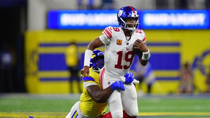 Sep 21, 2026; Inglewood, California, USA; New York Giants quarterback Jameis Winston (19) is tackled by Los Angeles Rams linebacker Byron Young (0) during the third quarter at SoFi Stadium. Sep 21, 2026; Inglewood, California, USA; New York Giants quarterback Jameis Winston (19) is tackled by Los Angeles Rams linebacker Byron Young (0) during the third quarter at SoFi Stadium.