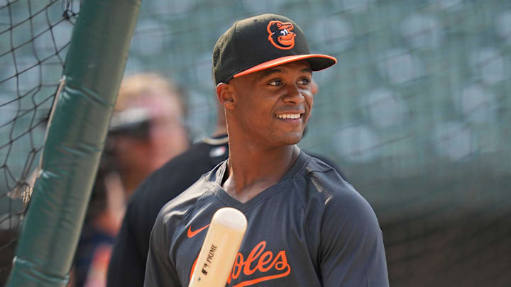 Jul 18, 2023; Baltimore, Maryland, USA; Baltimore Orioles draft pick Enrique Bradfield Jr. takes batting practice prior to the game against the Los Angeles Dodgers at Oriole Park at Camden Yards. Mandatory Credit: Mitch Stringer-Imagn Images
