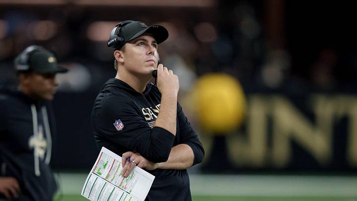 Sep 14, 2025; New Orleans, Louisiana, USA;  New Orleans Saints head coach Kellen Moore reacts during the first half against the San Francisco 49ers at Caesars Superdome. Mandatory Credit: Matthew Hinton-Imagn Images