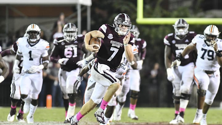 Oct 6, 2018; Starkville, MS, USA; Mississippi State Bulldogs quarterback Nick Fitzgerald (7) runs the ball against the Auburn Tigers during the fourth quarter  at Davis Wade Stadium. Mandatory Credit: Matt Bush-USA TODAY Sports