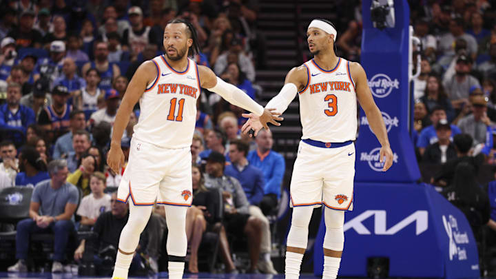 Nov 22, 2025; Orlando, Florida, USA; New York Knicks guard Jalen Brunson (11) and guard Josh Hart (3) react after a play against the Orlando Magic in the second quarter at Kia Center. Mandatory Credit: Nathan Ray Seebeck-Imagn Images