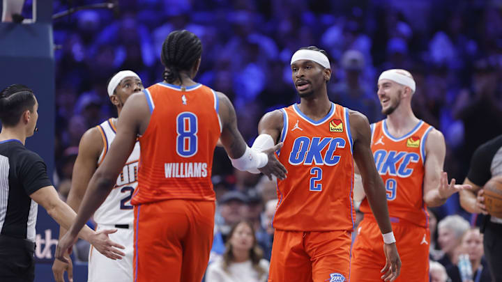 Nov 28, 2025; Oklahoma City, Oklahoma, USA; Oklahoma City Thunder guard Shai Gilgeous-Alexander (2) and guard Jalen Williams (8) high five after a play against the Phoenix Suns during the second quarter at Paycom Center. Mandatory Credit: Alonzo Adams-Imagn Images Nov 28, 2025; Oklahoma City, Oklahoma, USA; Oklahoma City Thunder guard Shai Gilgeous-Alexander (2) and guard Jalen Williams (8) high five after a play against the Phoenix Suns during the second quarter at Paycom Center. Mandatory Credit: Alonzo Adams-Imagn Images