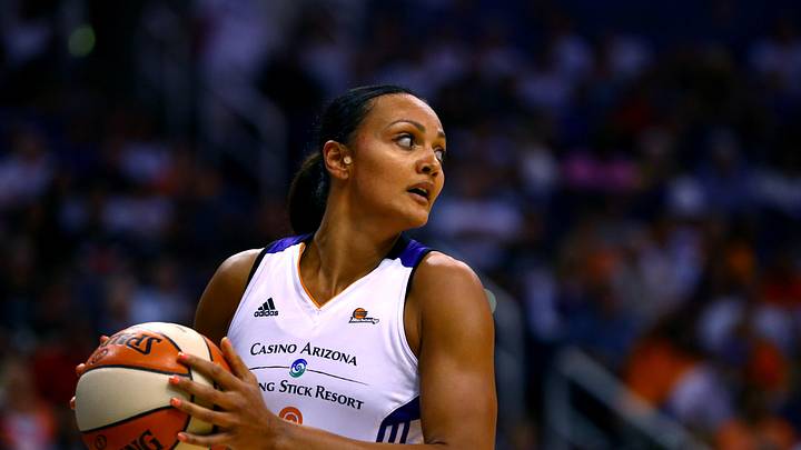 Sep 9, 2014; Phoenix, AZ, USA; Phoenix Mercury forward Mistie Bass (8) against the Chicago Sky during game two of the WNBA Finals at US Airways Center. Mandatory Credit: Mark J. Rebilas-Imagn Images

