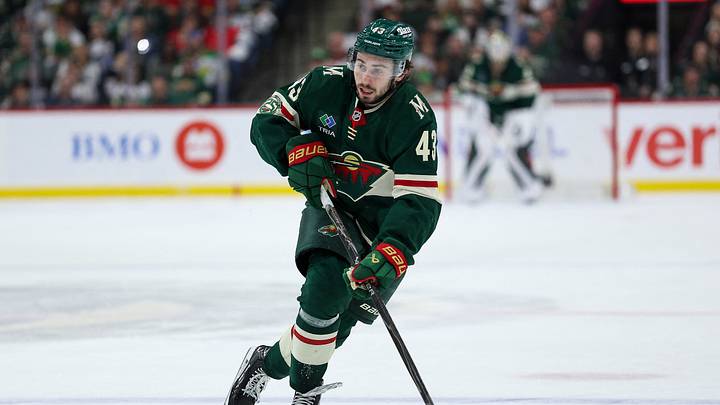 May 11, 2026; Saint Paul, Minnesota, USA; Minnesota Wild defenseman Quinn Hughes (43) skates with the puck against the Colorado Avalanche during the second period in game four of the second round of the 2026 Stanley Cup Playoffs at Grand Casino Arena. Mandatory Credit: Matt Krohn-Imagn Images May 11, 2026; Saint Paul, Minnesota, USA; Minnesota Wild defenseman Quinn Hughes (43) skates with the puck against the Colorado Avalanche during the second period in game four of the second round of the 2026 Stanley Cup Playoffs at Grand Casino Arena. Mandatory Credit: Matt Krohn-Imagn Images