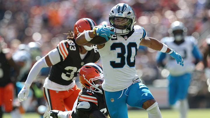 Cleveland Browns cornerback Denzel Ward (21) tackles Carolina Panthers running back Chuba Hubbard 