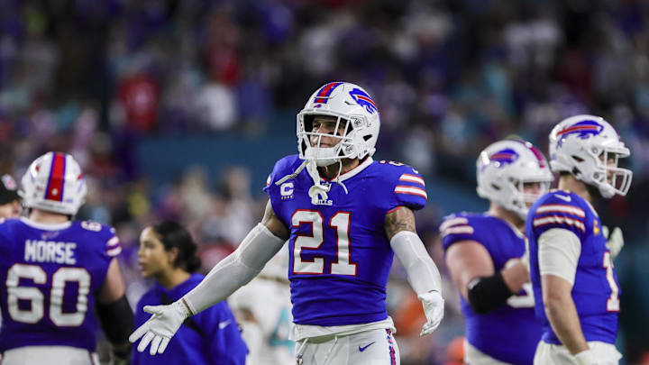 Jan 7, 2024; Miami Gardens, Florida, USA; Buffalo Bills safety Jordan Poyer (21) celebrates after