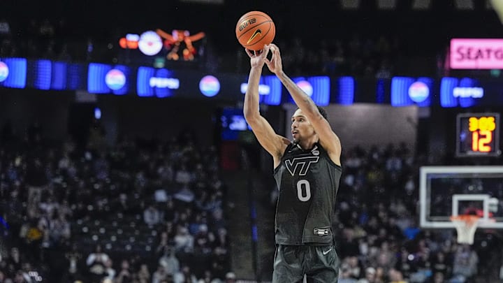 Jan 3, 2026; Winston-Salem, North Carolina, USA; Virginia Tech Hokies guard Jailen Bedford (0) shoots the ball against the Wake Forest Demon Deacons during the second half at Lawrence Joel Veterans Memorial Coliseum. Mandatory Credit: Jim Dedmon-Imagn Images Jan 3, 2026; Winston-Salem, North Carolina, USA; Virginia Tech Hokies guard Jailen Bedford (0) shoots the ball against the Wake Forest Demon Deacons during the second half at Lawrence Joel Veterans Memorial Coliseum. Mandatory Credit: Jim Dedmon-Imagn Images