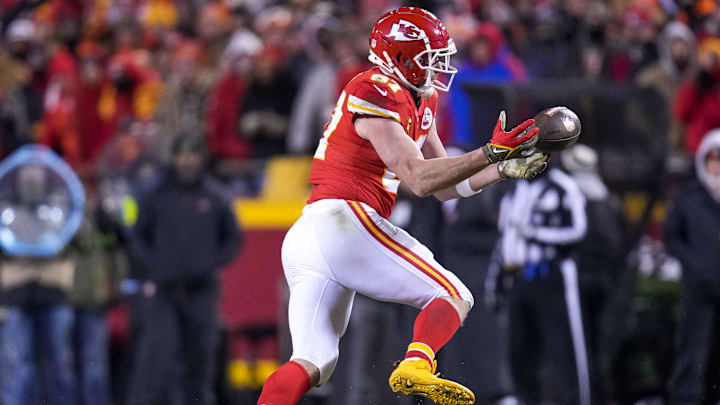 Kansas City Chiefs tight end Travis Kelce (87) catches a pass in the fourth quarter of the AFC championship NFL game between the Cincinnati Bengals and the Kansas City Chiefs on Jan. 29, 2023, at Arrowhead Stadium in Kansas City.