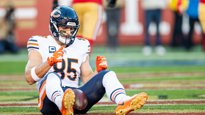 Cole Kmet isn't happy with himself after dropping a two-point conversion  pass Sunday, the only target he had on the day.