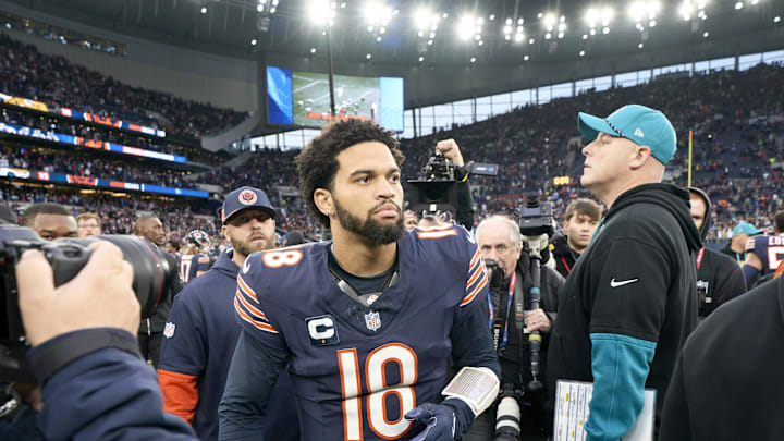 Caleb Williams with the crowd on the field at Tottenham Hotspur Stadium in London after a win, in the 2024 Bears glory days. Caleb Williams with the crowd on the field at Tottenham Hotspur Stadium in London after a win, in the 2024 Bears glory days.
