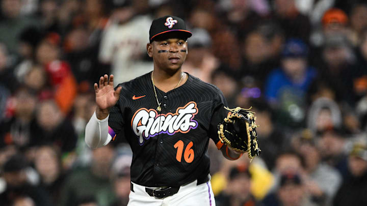 San Francisco Giants first baseman Rafael Devers (16) reacts against the Pittsburgh Pirates during the eighth inning at Oracle Park. San Francisco Giants first baseman Rafael Devers (16) reacts against the Pittsburgh Pirates during the eighth inning at Oracle Park.