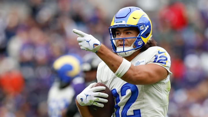 Oct 12, 2025; Baltimore, Maryland, USA; Los Angeles Rams wide receiver Puka Nacua (12) celebrates after a play against the Baltimore Ravens during the second quarter of the game at M&T Bank Stadium. Mandatory Credit: Peter Casey-Imagn Images Oct 12, 2025; Baltimore, Maryland, USA; Los Angeles Rams wide receiver Puka Nacua (12) celebrates after a play against the Baltimore Ravens during the second quarter of the game at M&T Bank Stadium. Mandatory Credit: Peter Casey-Imagn Images