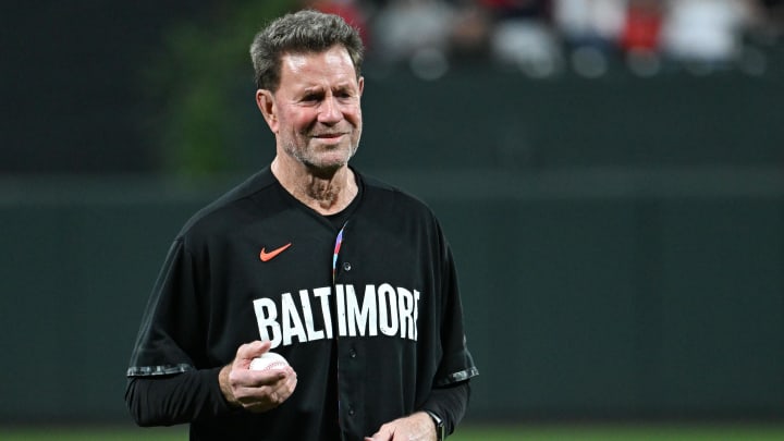 Sep 29, 2023; Baltimore, Maryland, USA; Hall of Fame baseball Jim Palmer stands on the pitcher's mound. Sep 29, 2023; Baltimore, Maryland, USA; Hall of Fame baseball Jim Palmer stands on the pitcher's mound.