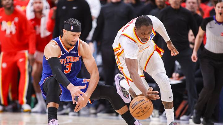 Apr 23, 2026; Atlanta, Georgia, USA; New York Knicks guard Josh Hart (3) has the ball stolen by Atlanta Hawks forward Jonathan Kuminga (0) in the fourth quarter during game three of the first round of the 2026 NBA Playoffs at State Farm Arena. Mandatory Credit: Brett Davis-Imagn Images Apr 23, 2026; Atlanta, Georgia, USA; New York Knicks guard Josh Hart (3) has the ball stolen by Atlanta Hawks forward Jonathan Kuminga (0) in the fourth quarter during game three of the first round of the 2026 NBA Playoffs at State Farm Arena. Mandatory Credit: Brett Davis-Imagn Images