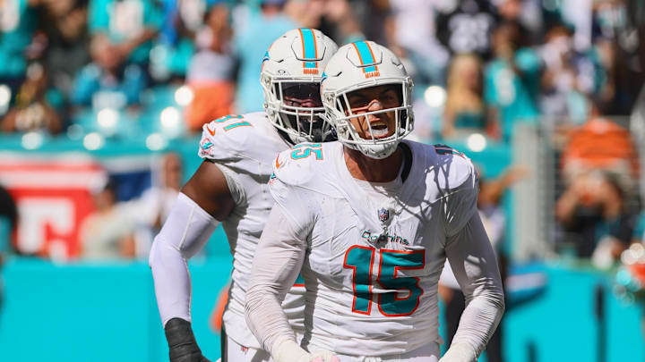 Sep 8, 2024; Miami Gardens, Florida, USA; Miami Dolphins linebacker Jaelan Phillips (15) celebrates after sacking Jacksonville Jaguars quarterback Trevor Lawrence (not pictured) during the fourth quarter at Hard Rock Stadium. Mandatory Credit: Sam Navarro-Imagn Images