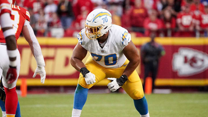 Oct 12, 2023; Kansas City, Missouri, USA; Los Angeles Chargers offensive tackle Rashawn Slater (70)