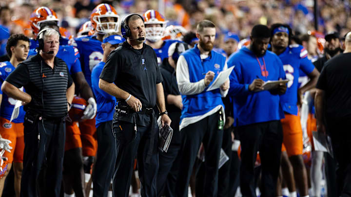 Sep 7, 2024; Gainesville, Florida, USA; Florida Gators head coach Billy Napier looks on against the Samford Bulldogs during the second half at Ben Hill Griffin Stadium. Mandatory Credit: Matt Pendleton-Imagn Images