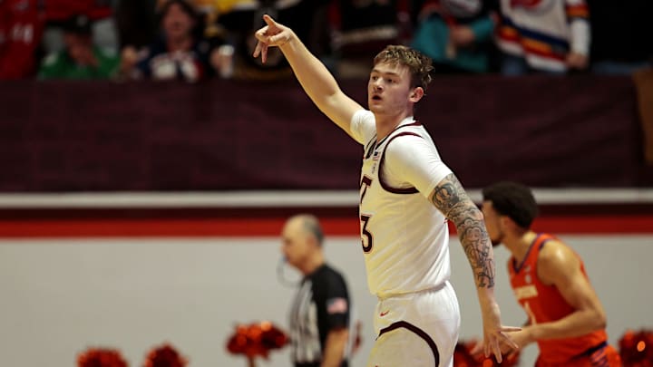 Jan 10, 2024; Blacksburg, Virginia, USA; Virginia Tech Hokies guard Tyler Nickel (23) celebrates