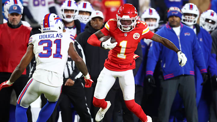 Kansas City Chiefs wide receiver Xavier Worthy (1) makes a catch against Buffalo Bills cornerback Rasul Douglas (31) during the first half in the AFC Championship game.