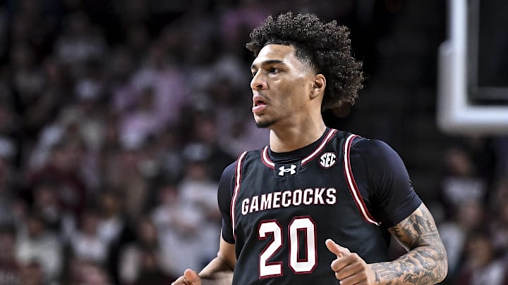 Jan 24, 2026; College Station, Texas, USA; South Carolina Gamecocks forward Hayden Assemian (20) runs down court during the second half against the Texas A&M Aggies at Reed Arena. Mandatory Credit: Maria Lysaker-Imagn Images 
