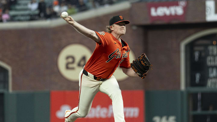 Sep 13, 2024; San Francisco, California, USA;  San Francisco Giants pitcher Logan Webb (62) pitches during the first inning against the San Diego Padres at Oracle Park. Mandatory Credit: Stan Szeto-Imagn Images