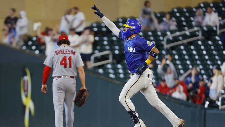 Jun 12, 2026; Minneapolis, Minnesota, USA; Minnesota Twins first baseman Royce Lewis (23) runs the bases on his solo home run against the St. Louis Cardinals in the eighth inning at Target Field. Jun 12, 2026; Minneapolis, Minnesota, USA; Minnesota Twins first baseman Royce Lewis (23) runs the bases on his solo home run against the St. Louis Cardinals in the eighth inning at Target Field.