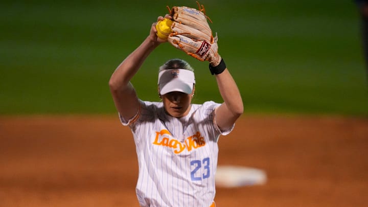 Tennessee's Karlyn Pickens (23) pitches against Arkansas during an NCAA college softball game on Monday, March 24, 2025, in Knoxville, Tenn.