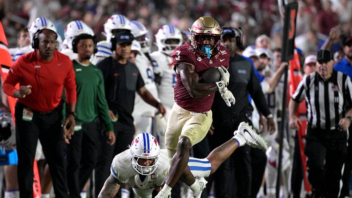 Sep 7, 2026; Tallahassee, Florida, USA;  Florida State Seminoles running back Samuel Singleton Jr. (3) runs against the Southern Methodist Mustangs during the second half at Doak S. Campbell Stadium.  Mandatory Credit: Melina Myers-Imagn Images