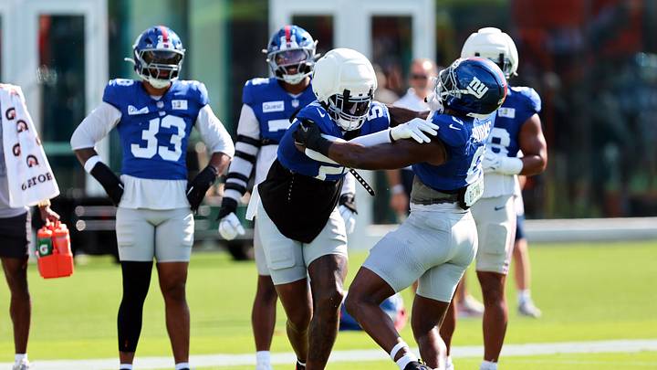Aug 20, 2026; Miami Gardens, FL, USA; New York Giants defensive end Chauncey Golston (57) and linebacker Brian Burns (0) work during joint practice with the Miami Dolphins at Baptist Health Training Complex. Aug 20, 2026; Miami Gardens, FL, USA; New York Giants defensive end Chauncey Golston (57) and linebacker Brian Burns (0) work during joint practice with the Miami Dolphins at Baptist Health Training Complex.