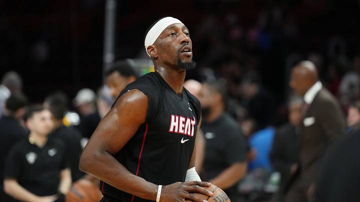 Apr 12, 2026; Miami, Florida, USA; Miami Heat center Bam Adebayo (13) warms-up before a game against the Atlanta Hawks at Kaseya Center. Mandatory Credit: Jim Rassol-Imagn Images