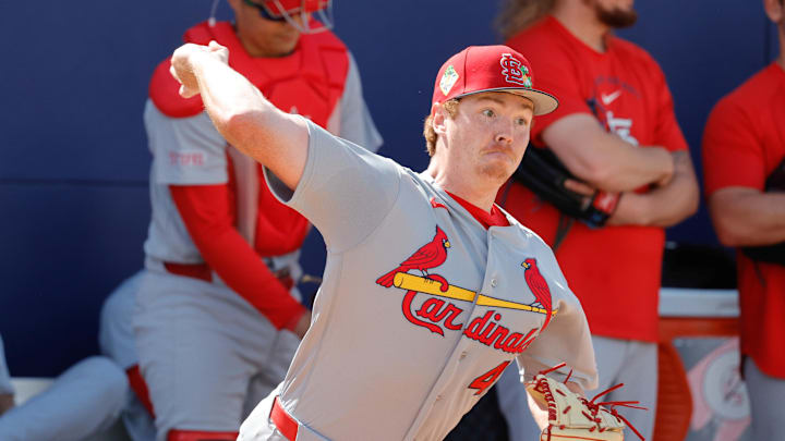 Feb 16, 2026; Jupiter, FL, USA;  St. Louis Cardinals pitcher Hunter Dobbins (40) throws a pitch during spring training workouts at Roger Dean Stadium. Mandatory Credit: Reinhold Matay-Imagn Images