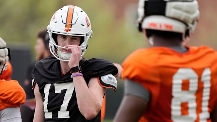 Oklahoma State's Drew Mestemaker lines up during an Oklahoma State University Cowboys football spring practice in Stillwater, Wednesday, April 1, 2026.