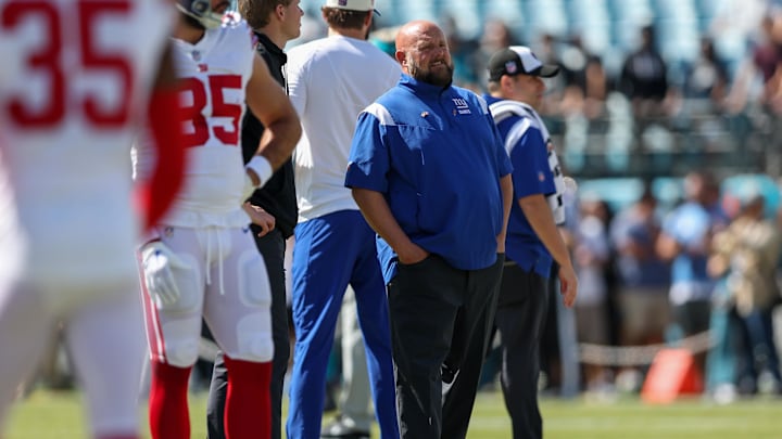 Oct 23, 2022; Jacksonville, Florida, USA;  New York Giants head coach Brian Daboll looks on from the field before a game against the Jacksonville Jaguars at TIAA Bank Field. Mandatory Credit: Nathan Ray Seebeck-Imagn Images
