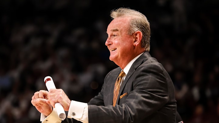 Jan 15, 2026; Columbia, South Carolina, USA; Texas Longhorns head coach Vic Schaefer directs his team against the South Carolina Gamecocks in the first half at Colonial Life Arena. Mandatory Credit: Jeff Blake-Imagn Images