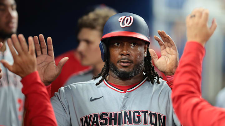 Sep 10, 2025; Miami, Florida, USA; Washington Nationals first baseman Josh Bell (19) celebrates after scoring against the Miami Marlins during the sixth inning at loanDepot Park. Sep 10, 2025; Miami, Florida, USA; Washington Nationals first baseman Josh Bell (19) celebrates after scoring against the Miami Marlins during the sixth inning at loanDepot Park.