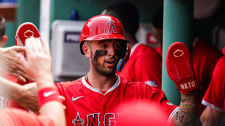 Jun 4, 2025; Boston, Massachusetts, USA; Los Angeles Angels shortstop Zach Neto (9) is congratulated after scoring against the Boston Red Sox in the second inning at Fenway Park. Mandatory Credit: David Butler II-Imagn Images Jun 4, 2025; Boston, Massachusetts, USA; Los Angeles Angels shortstop Zach Neto (9) is congratulated after scoring against the Boston Red Sox in the second inning at Fenway Park. Mandatory Credit: David Butler II-Imagn Images