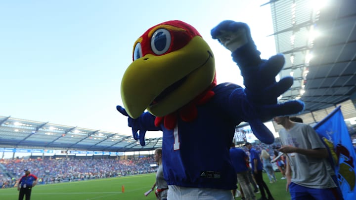 Big Jay, the Kansas Jayhawks mascot, cheers on his team before they take on Lindenwood Lions at Children's Mercy Park Thursday, August 29, 2024.