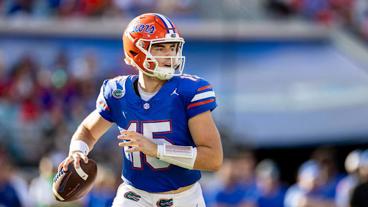 Florida Gators quarterback Graham Mertz (15) looks to throw during the first half against the Georgia Bulldogs at Everbank Stadium in Jacksonville, FL on Saturday, October 28, 2023. [Matt Pendleton/Gainesville Sun]