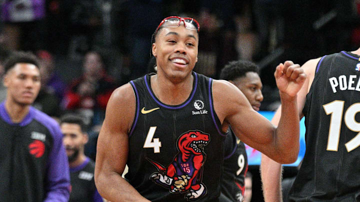 Nov 21, 2024; Toronto, Ontario, CAN;  Toronto Raptors forward Scottie Barnes (4) celebrates after a win over the Minnesota Timberwolves at Scotiabank Arena. Mandatory Credit: Dan Hamilton-Imagn Images