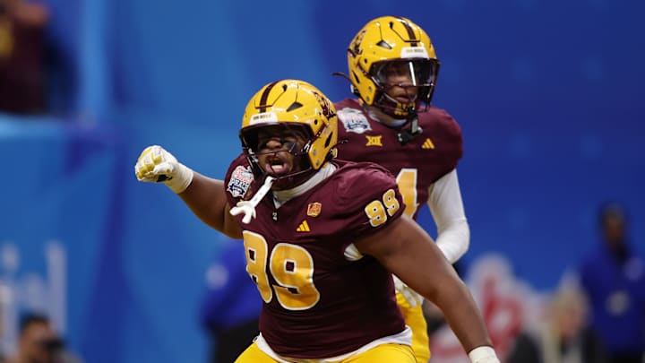 Jan 1, 2025; Atlanta, GA, USA; Arizona State Sun Devils defensive lineman C.J. Fite (99) reacts after a play against the Texas Longhorns during the second half of the Peach Bowl at Mercedes-Benz Stadium. Mandatory Credit: Brett Davis-Imagn Images Jan 1, 2025; Atlanta, GA, USA; Arizona State Sun Devils defensive lineman C.J. Fite (99) reacts after a play against the Texas Longhorns during the second half of the Peach Bowl at Mercedes-Benz Stadium. Mandatory Credit: Brett Davis-Imagn Images