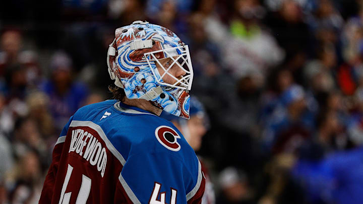 Nov 20, 2025; Denver, Colorado, USA; Colorado Avalanche goaltender Scott Wedgewood (41) in the first period against the New York Rangers at Ball Arena. Mandatory Credit: Isaiah J. Downing-Imagn Images